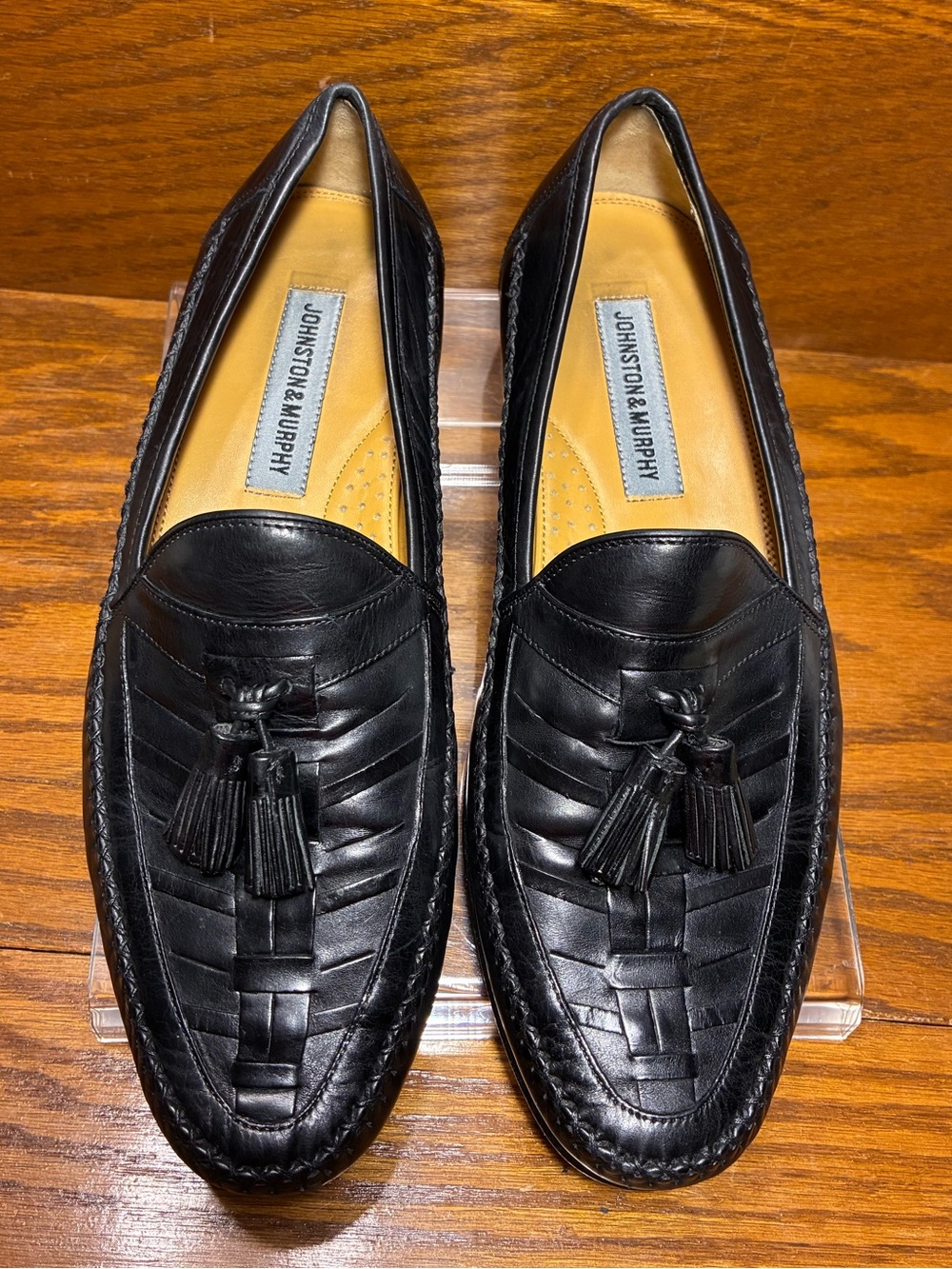 Y2K VTG Johnston & Murphy Woven Black Leather Tassel Kiltie Loafers Men’s 9